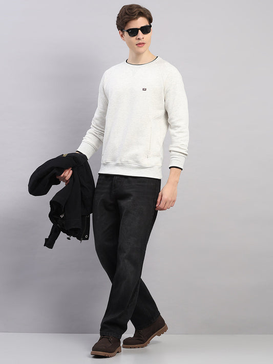 Men Off White Solid Round Neck Full Sleeve Sweatshirt