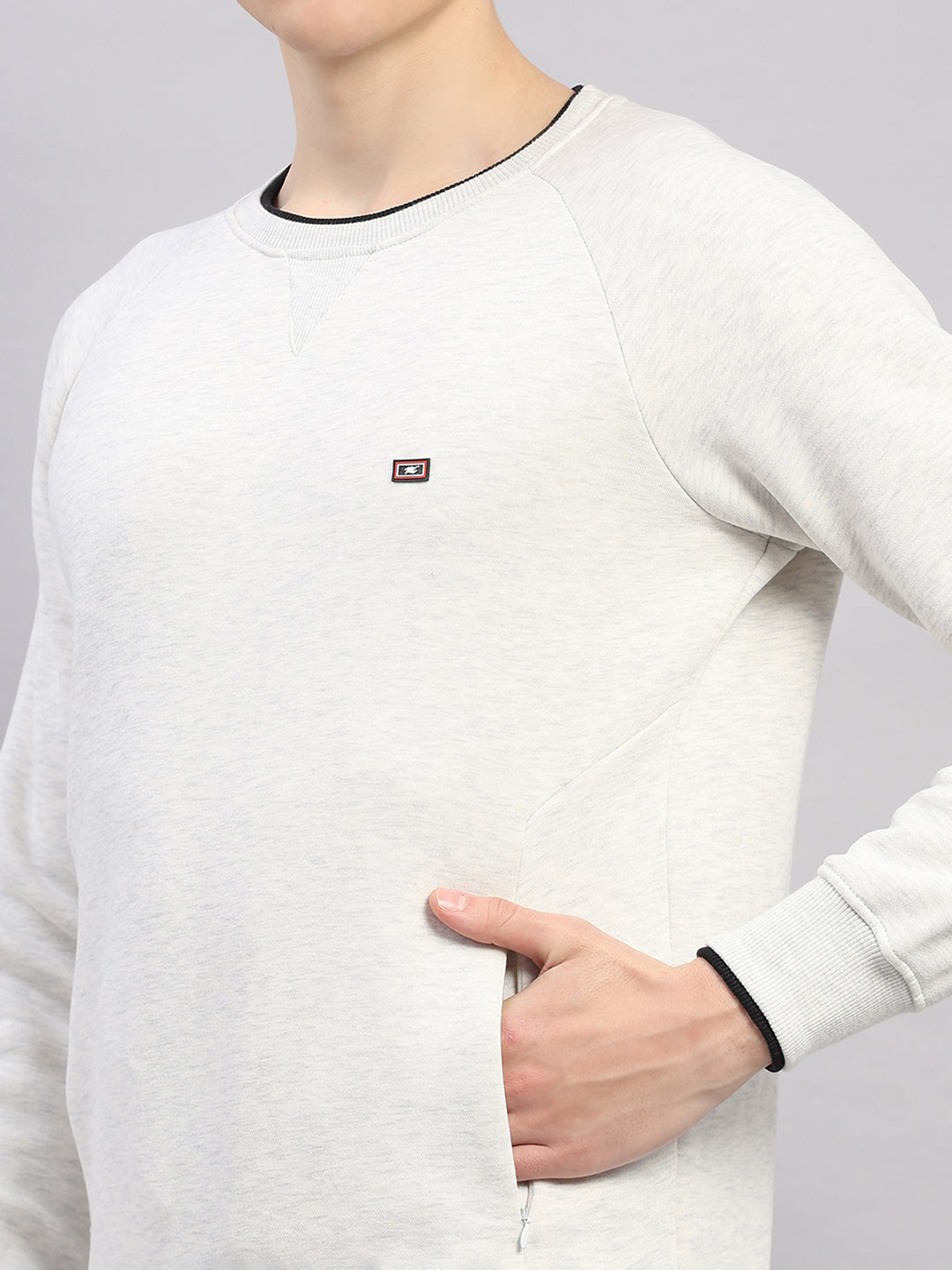 Men Off White Solid Round Neck Full Sleeve Sweatshirt