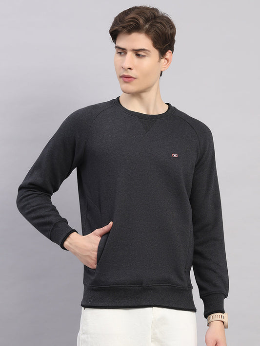 Men Grey Solid Round Neck Full Sleeve Sweatshirt