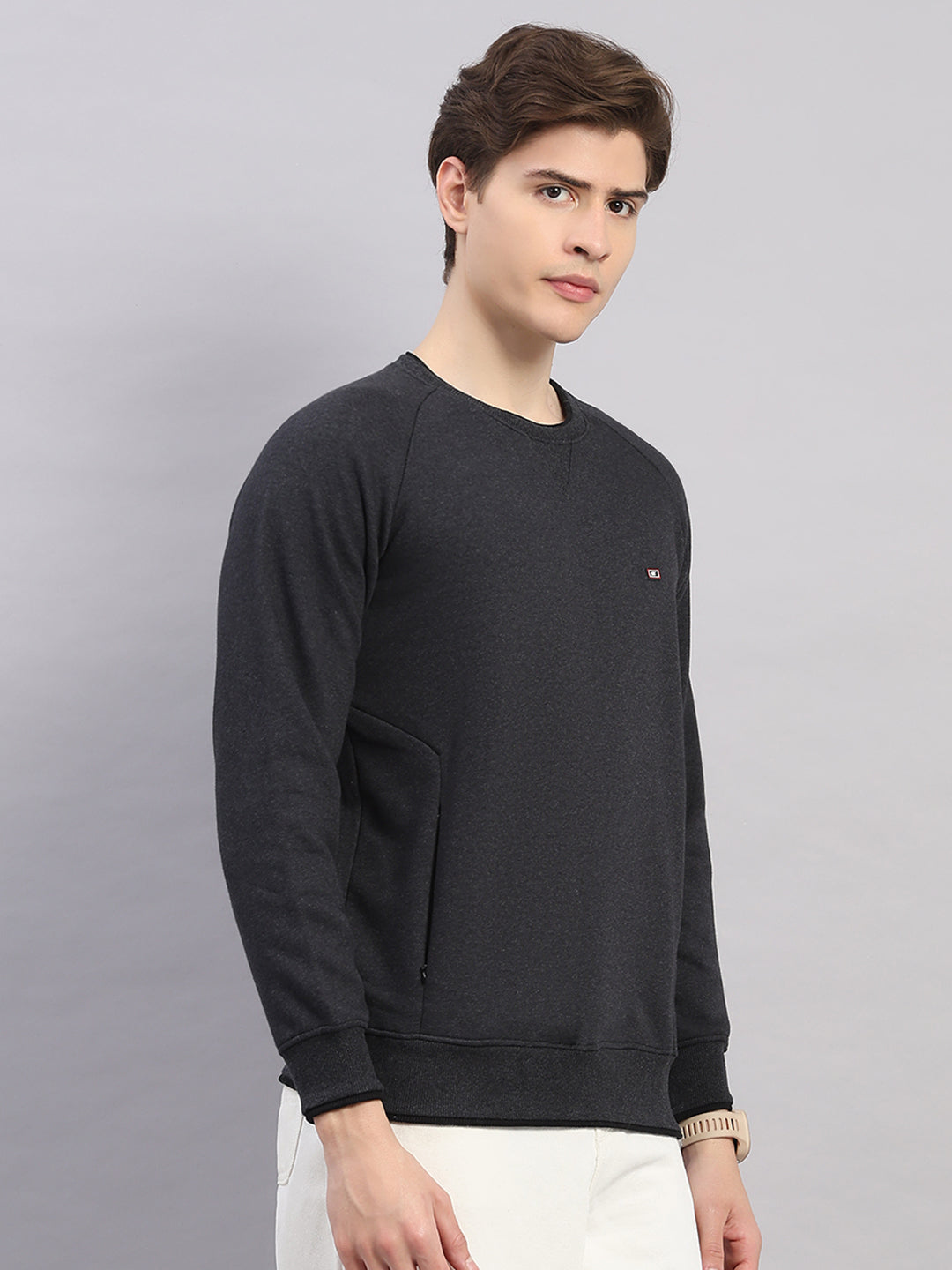 Men Grey Solid Round Neck Full Sleeve Sweatshirt