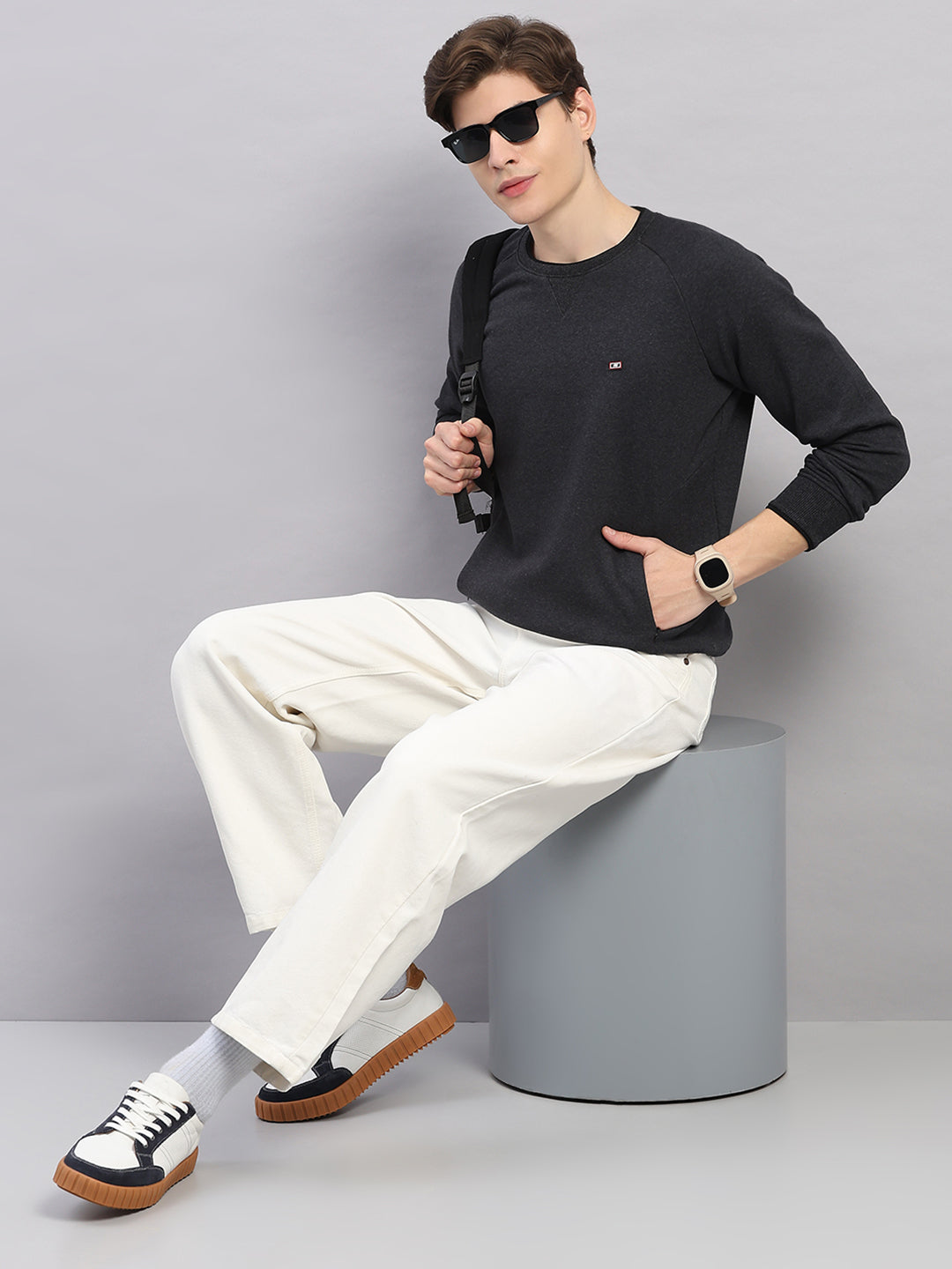 Men Grey Solid Round Neck Full Sleeve Sweatshirt
