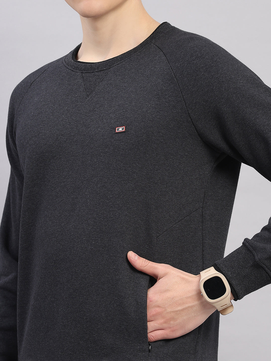 Men Grey Solid Round Neck Full Sleeve Sweatshirt