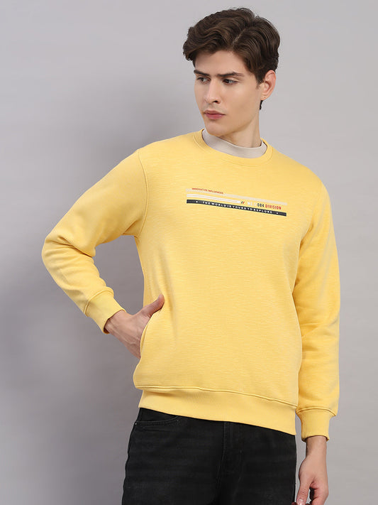 Men Yellow Printed Round Neck Full Sleeve Sweatshirt