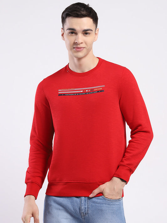 Men Red Solid Round Neck Full Sleeve Sweatshirt