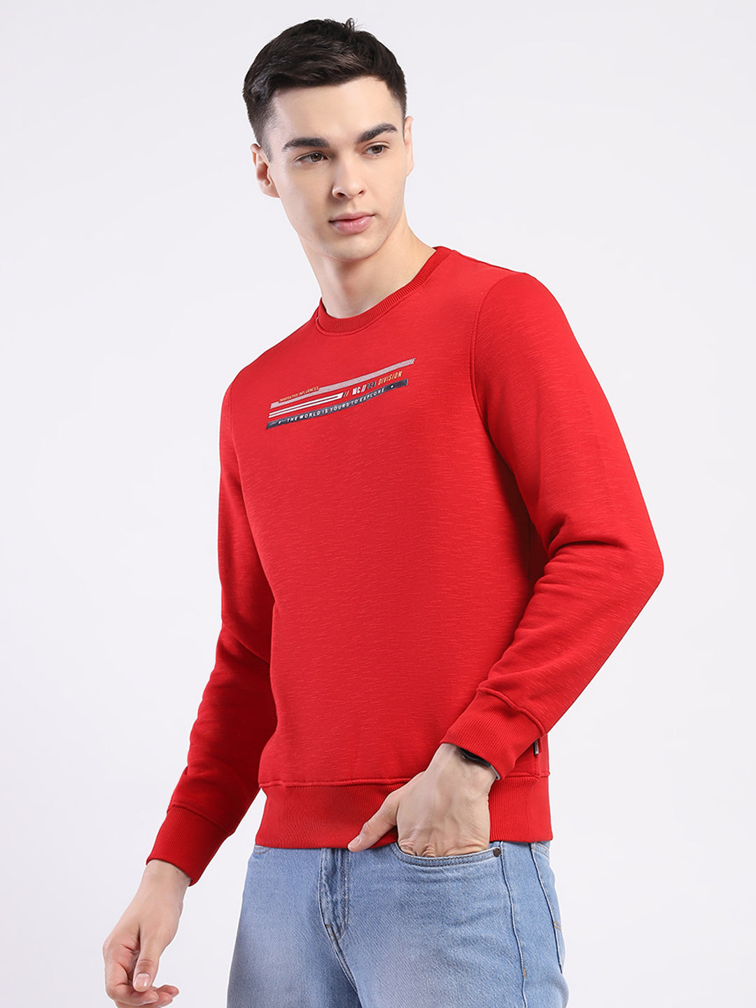 Men Red Solid Round Neck Full Sleeve Sweatshirt