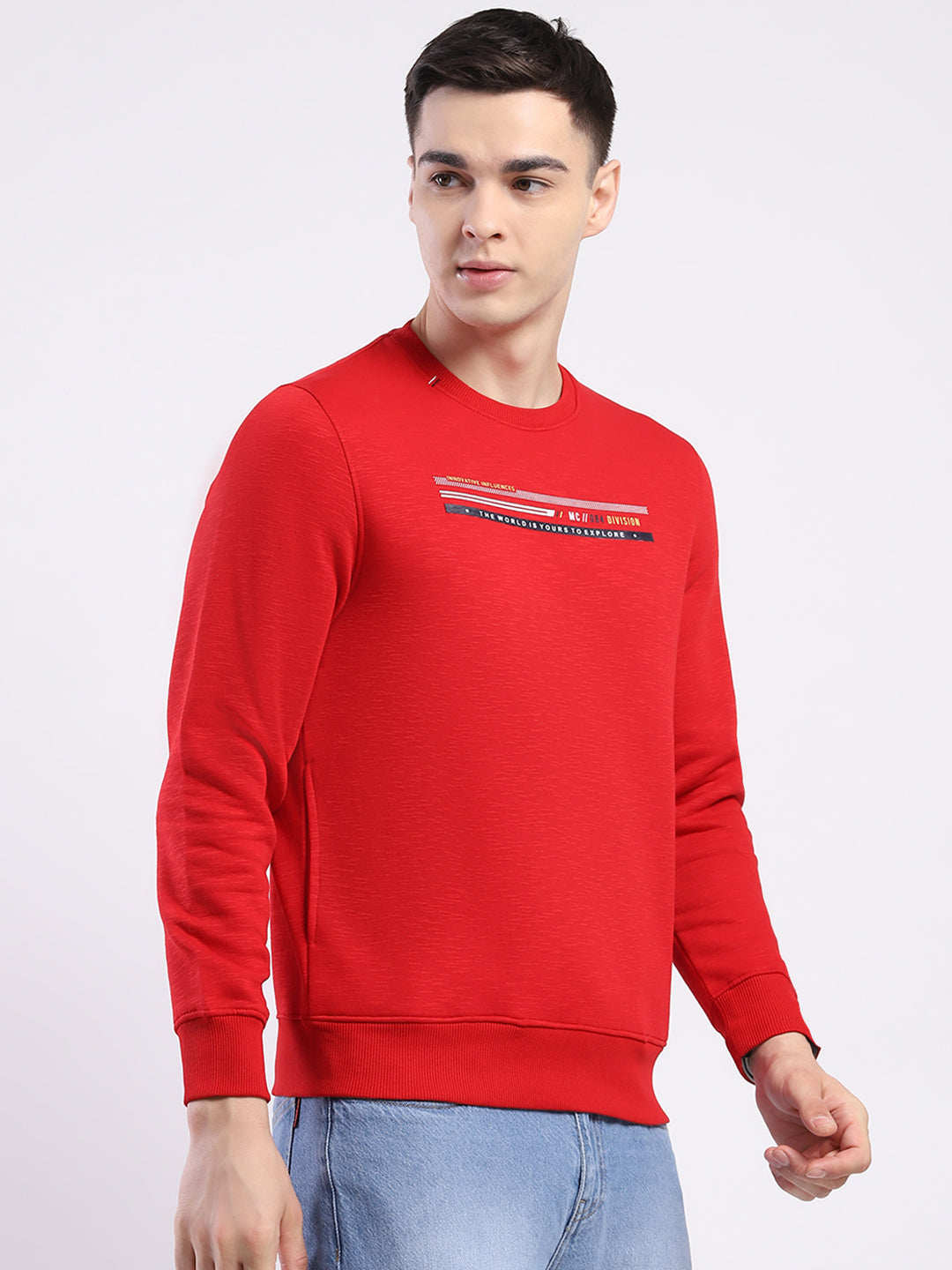 Men Red Solid Round Neck Full Sleeve Sweatshirt