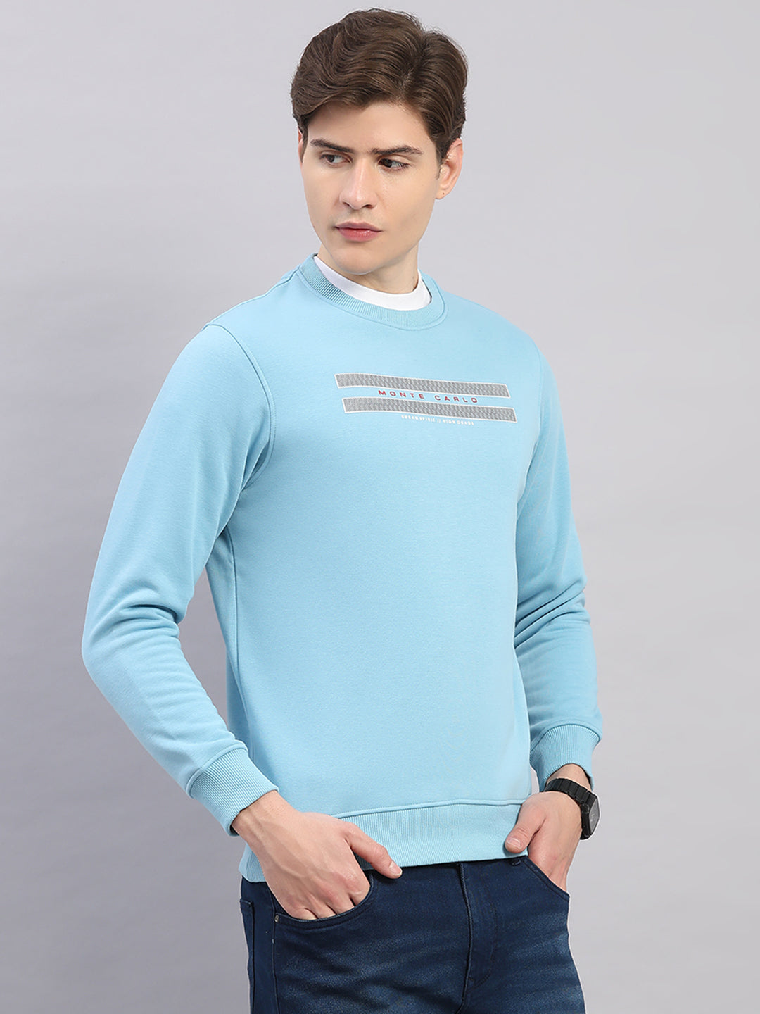 Men Sky Blue Printed Round Neck Full Sleeve Sweatshirt