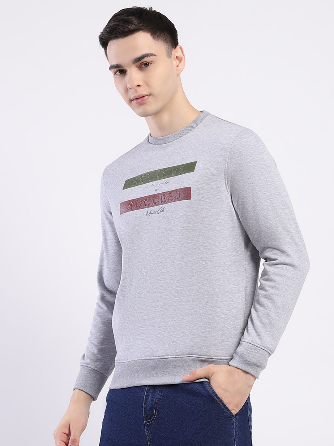 Men Grey Solid Round Neck Full Sleeve Sweatshirt