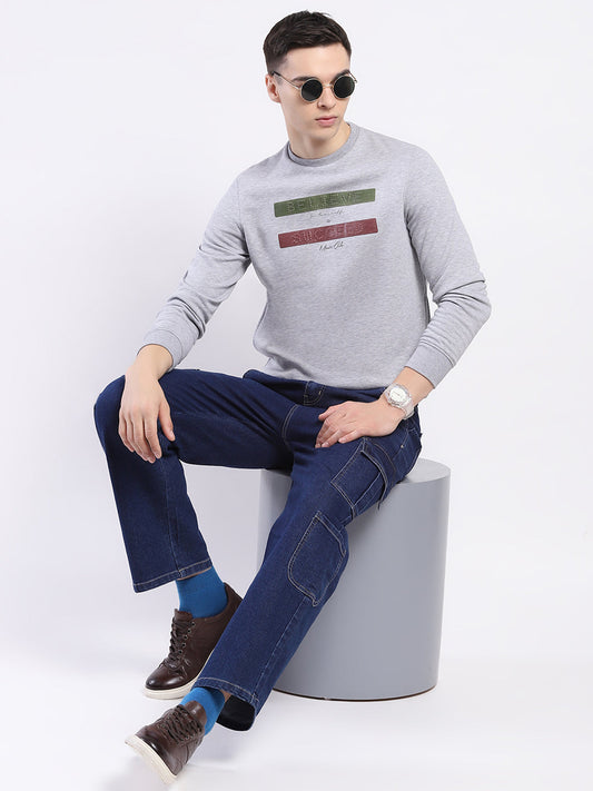 Men Grey Solid Round Neck Full Sleeve Sweatshirt