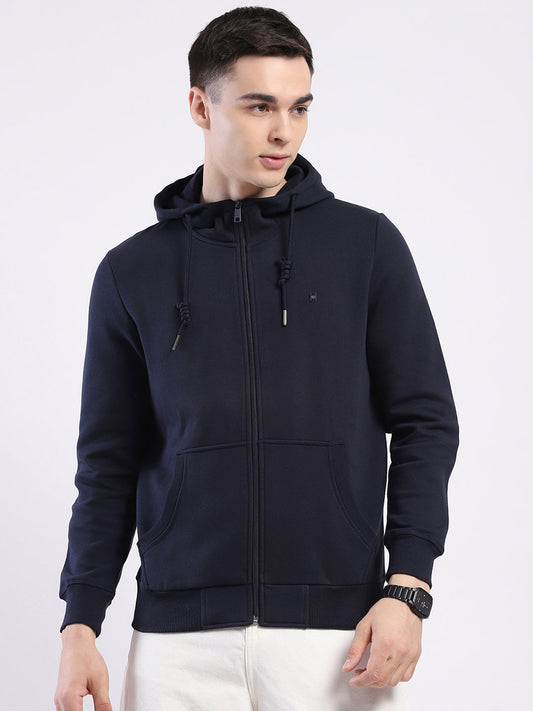 Men Navy Blue Solid Hooded Full Sleeve Sweatshirt