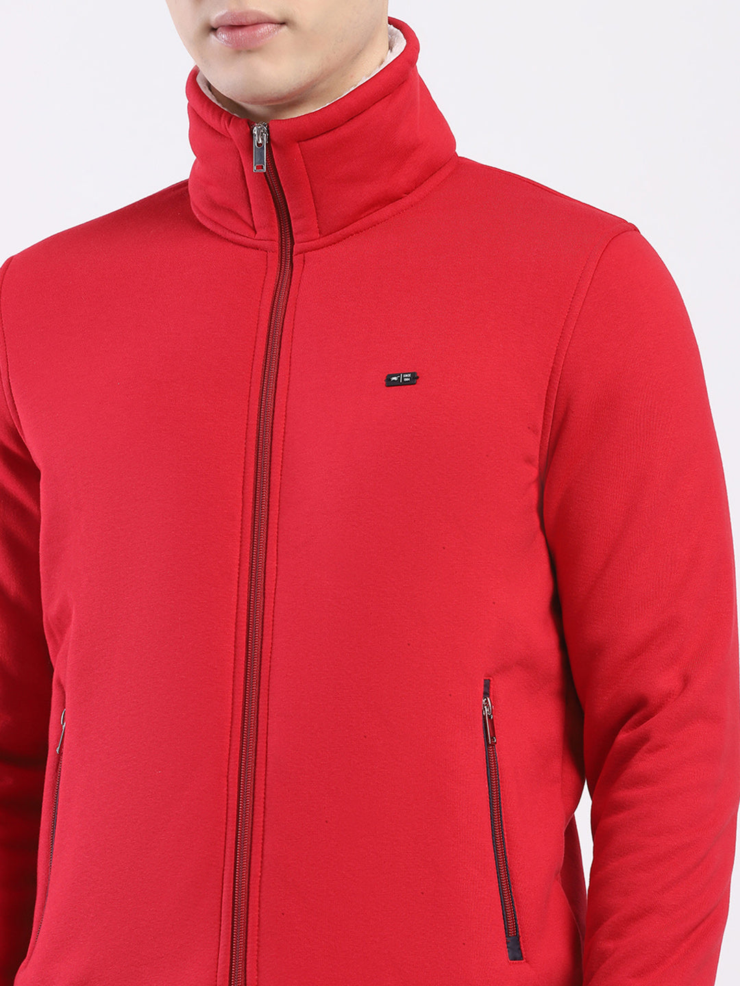 Men Red Solid Mock Neck Full Sleeve Sweatshirt