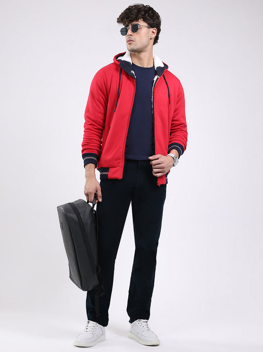 Men Red Solid Hooded Full Sleeve Sweatshirt