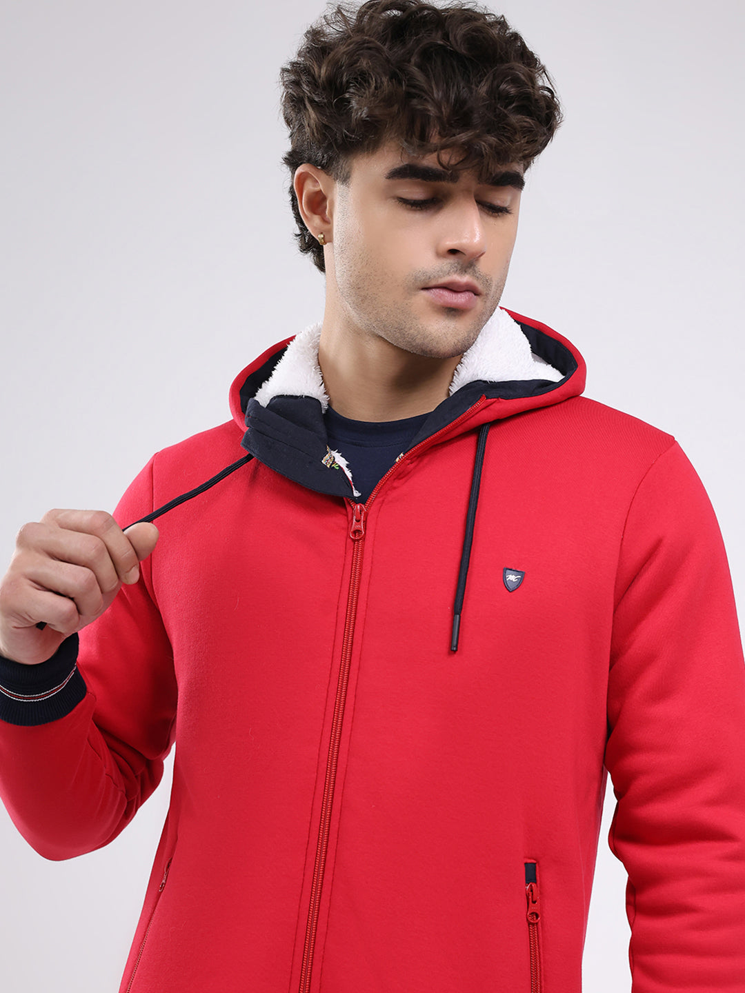 Men Red Solid Hooded Full Sleeve Sweatshirt