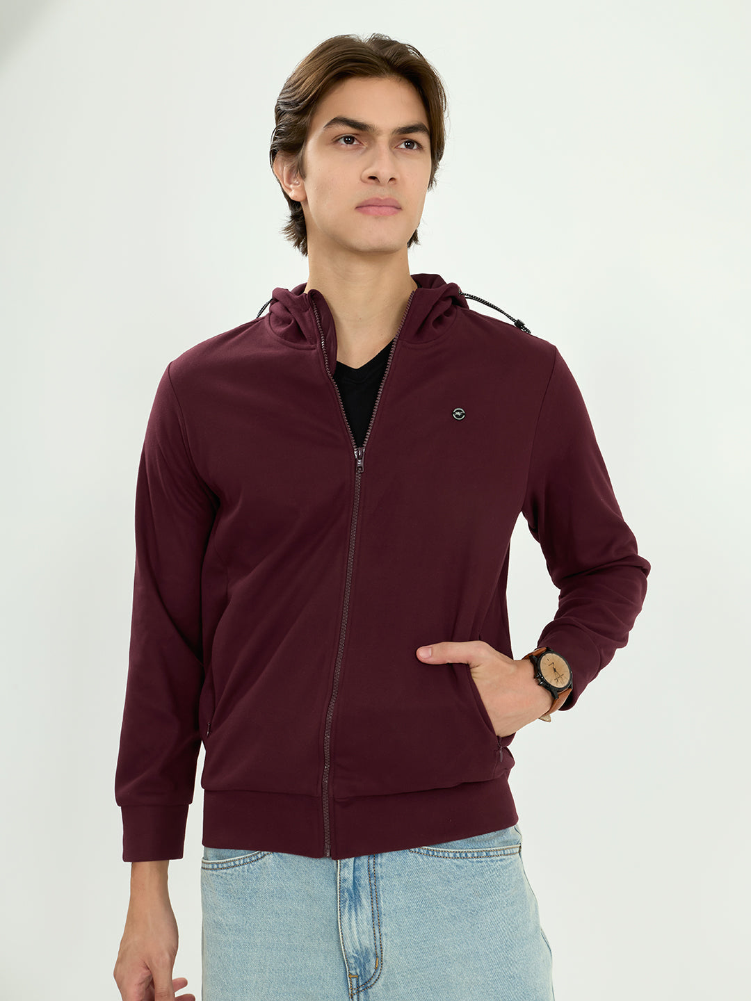 Men Maroon Solid Hooded Full Sleeve Sweatshirt