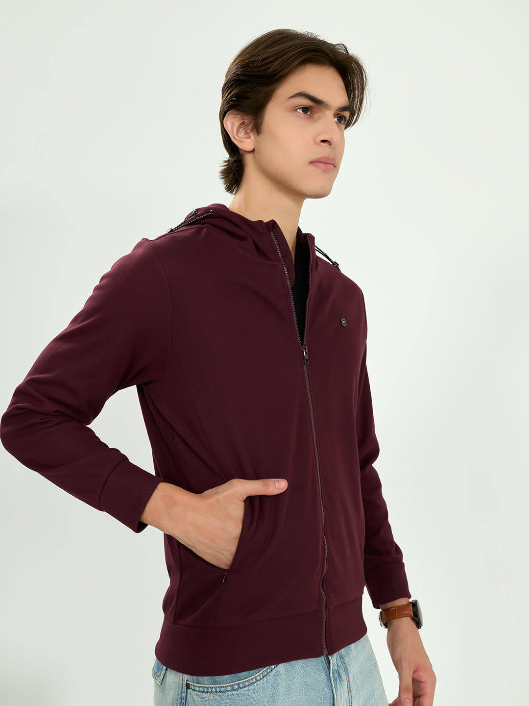 Men Maroon Solid Hooded Full Sleeve Sweatshirt