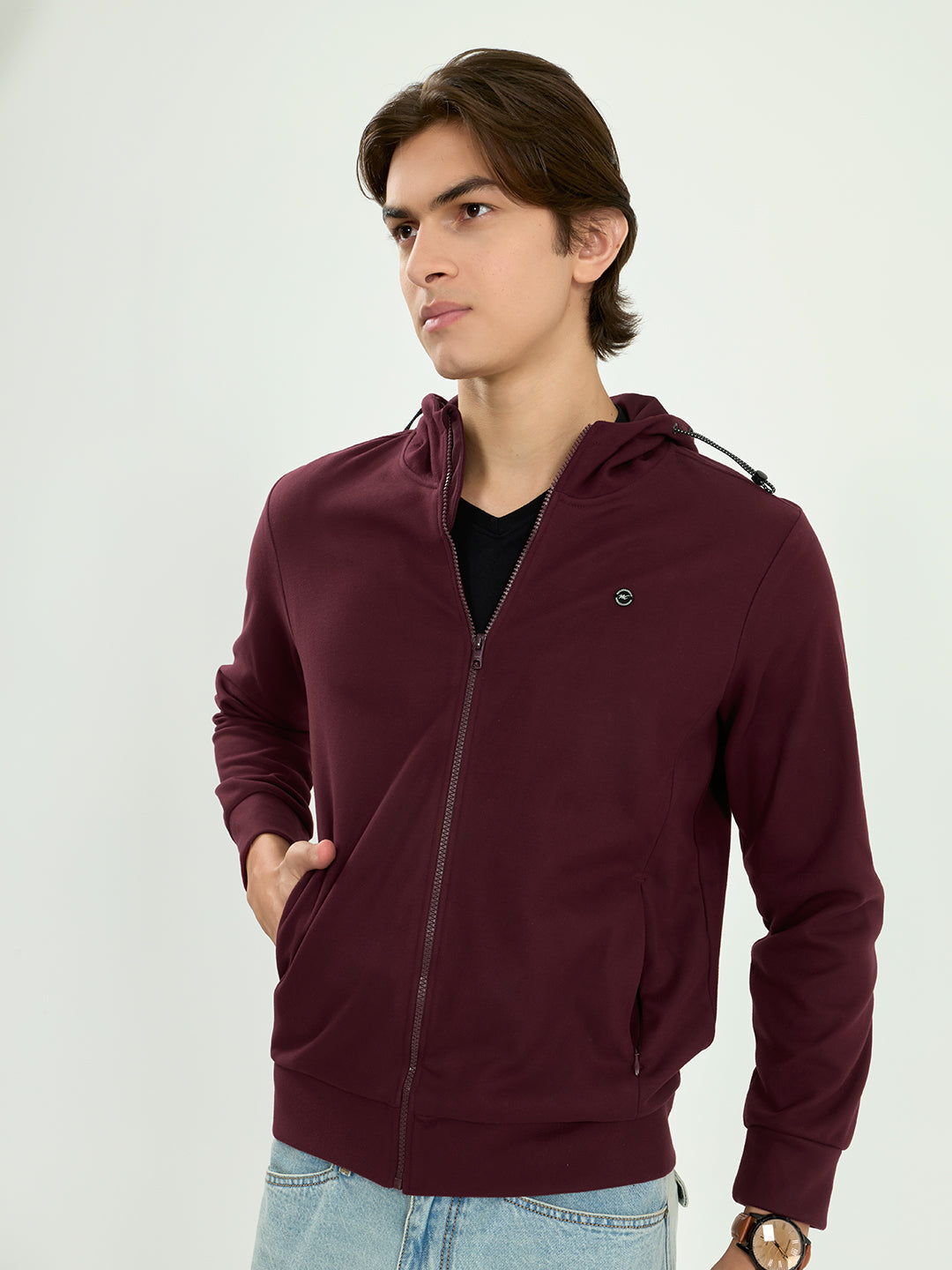 Men Maroon Solid Hooded Full Sleeve Sweatshirt