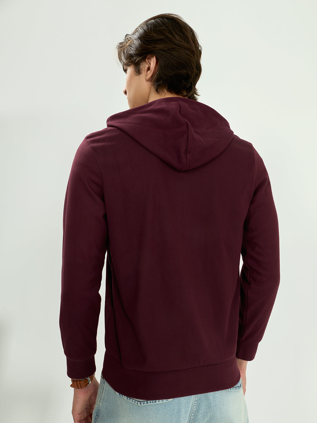 Men Maroon Solid Hooded Full Sleeve Sweatshirt