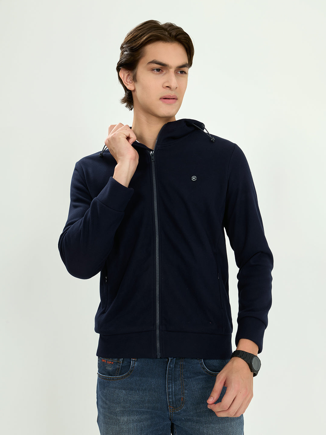 Men Navy Blue Solid Hooded Full Sleeve Sweatshirt