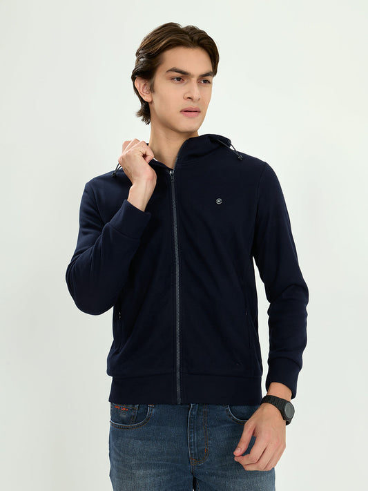 Men Navy Blue Solid Hooded Full Sleeve Sweatshirt