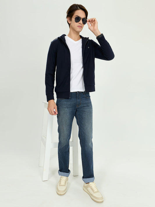 Men Navy Blue Solid Hooded Full Sleeve Sweatshirt