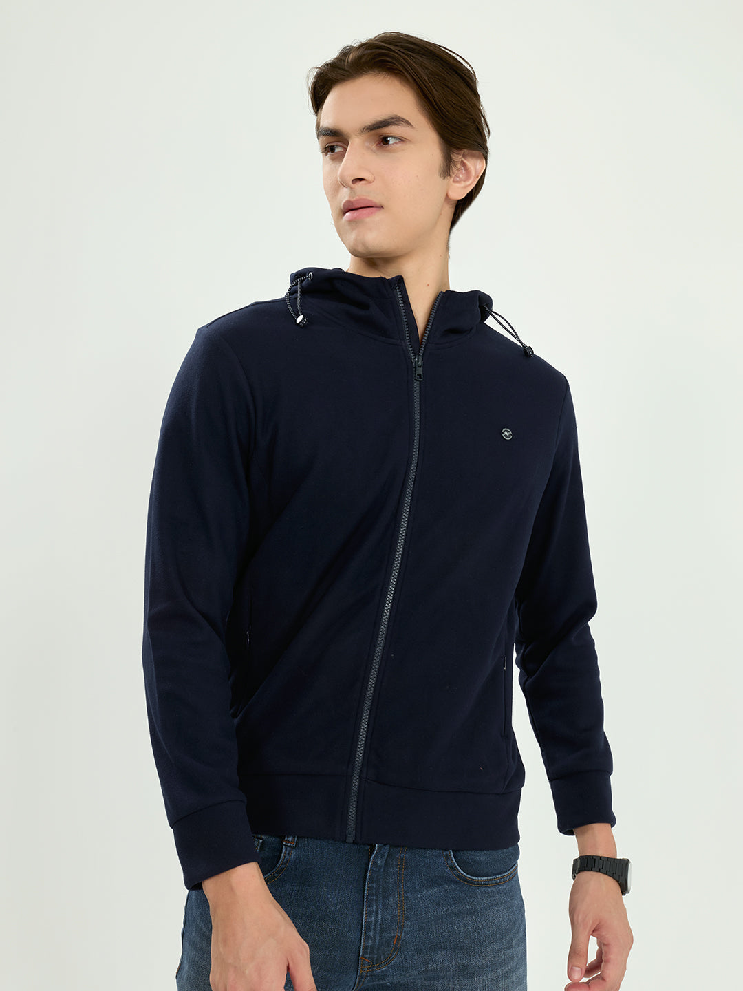 Men Navy Blue Solid Hooded Full Sleeve Sweatshirt