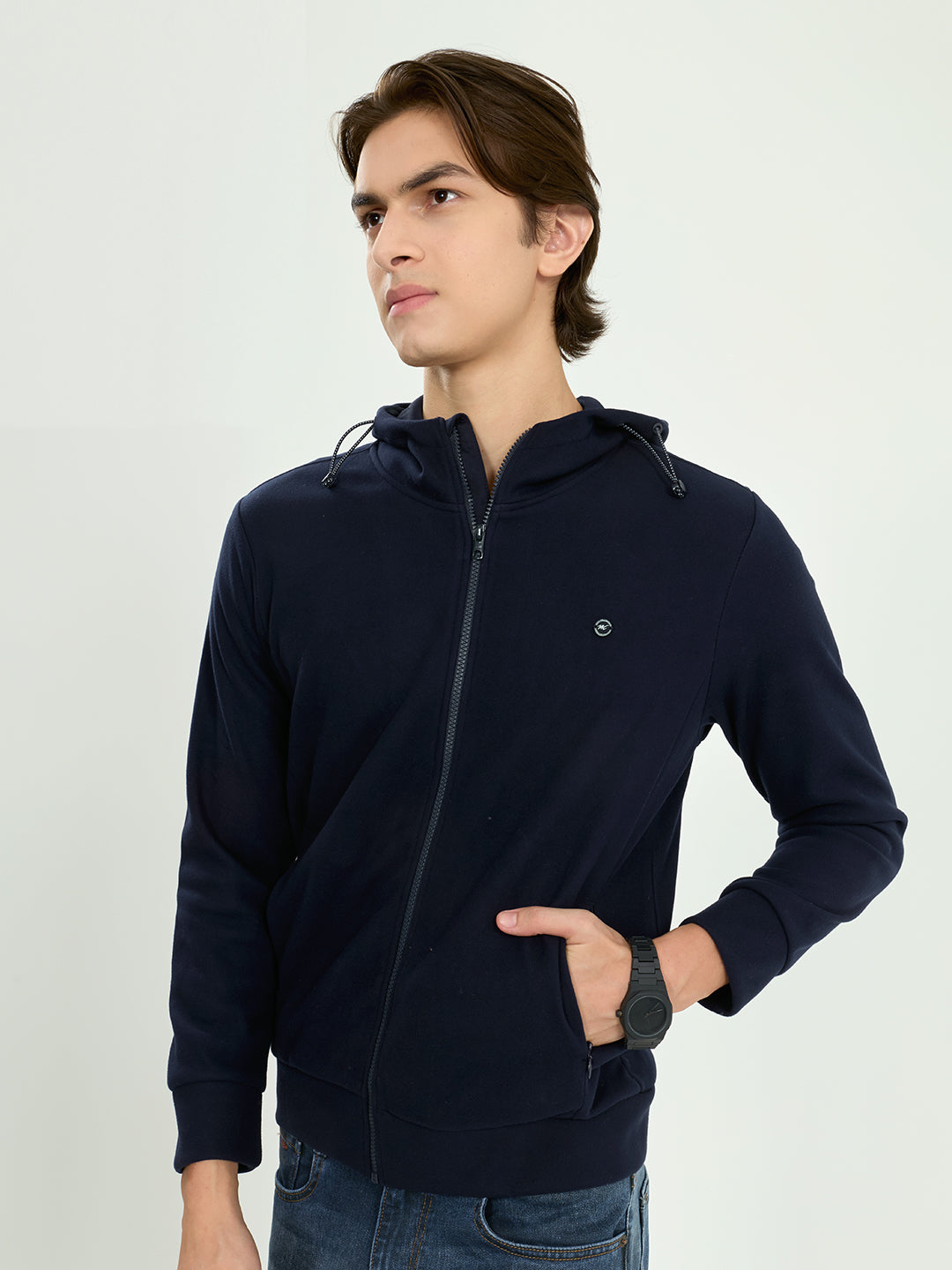 Men Navy Blue Solid Hooded Full Sleeve Sweatshirt
