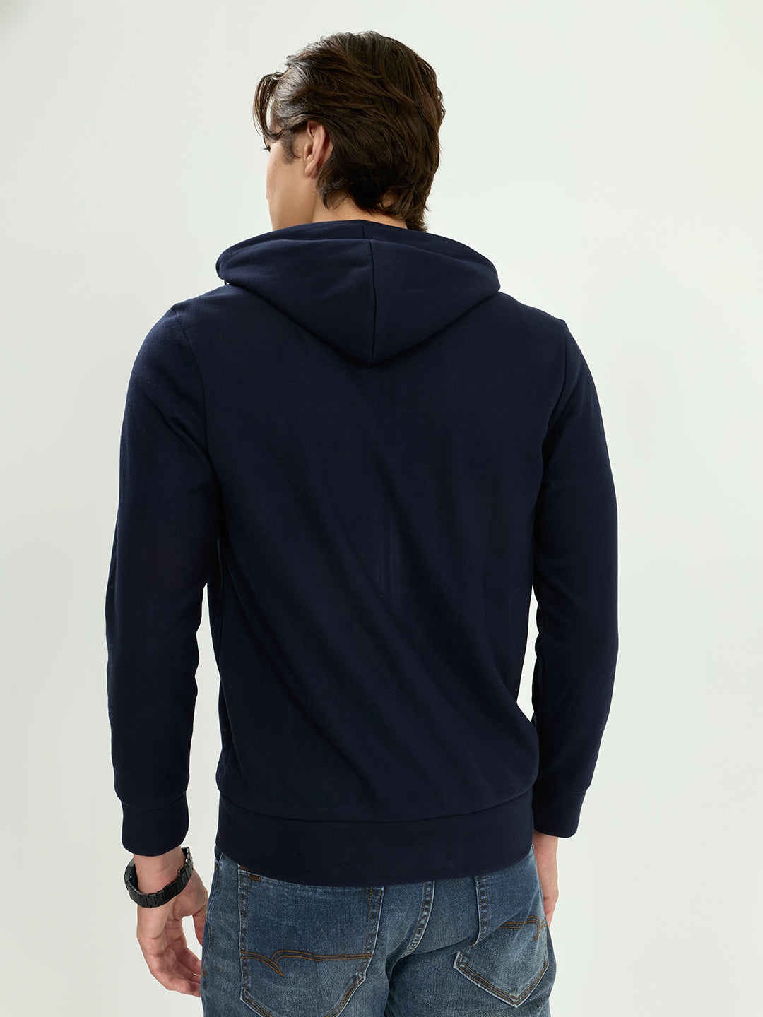 Men Navy Blue Solid Hooded Full Sleeve Sweatshirt