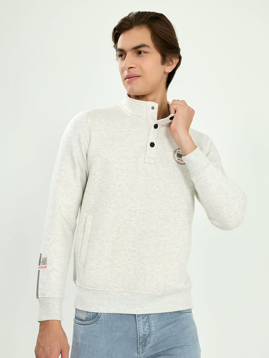Men Off White Solid Collar Full Sleeve Sweatshirt