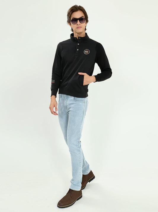 Men Black Solid Collar Full Sleeve Sweatshirt
