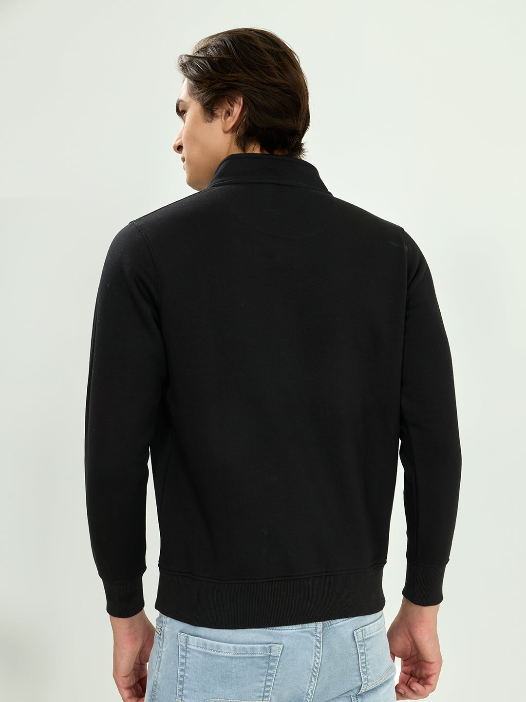 Men Black Solid Collar Full Sleeve Sweatshirt