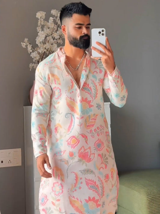 White Silk Blend Kurta with Multicolor Floral Prints and Mandarin Collar