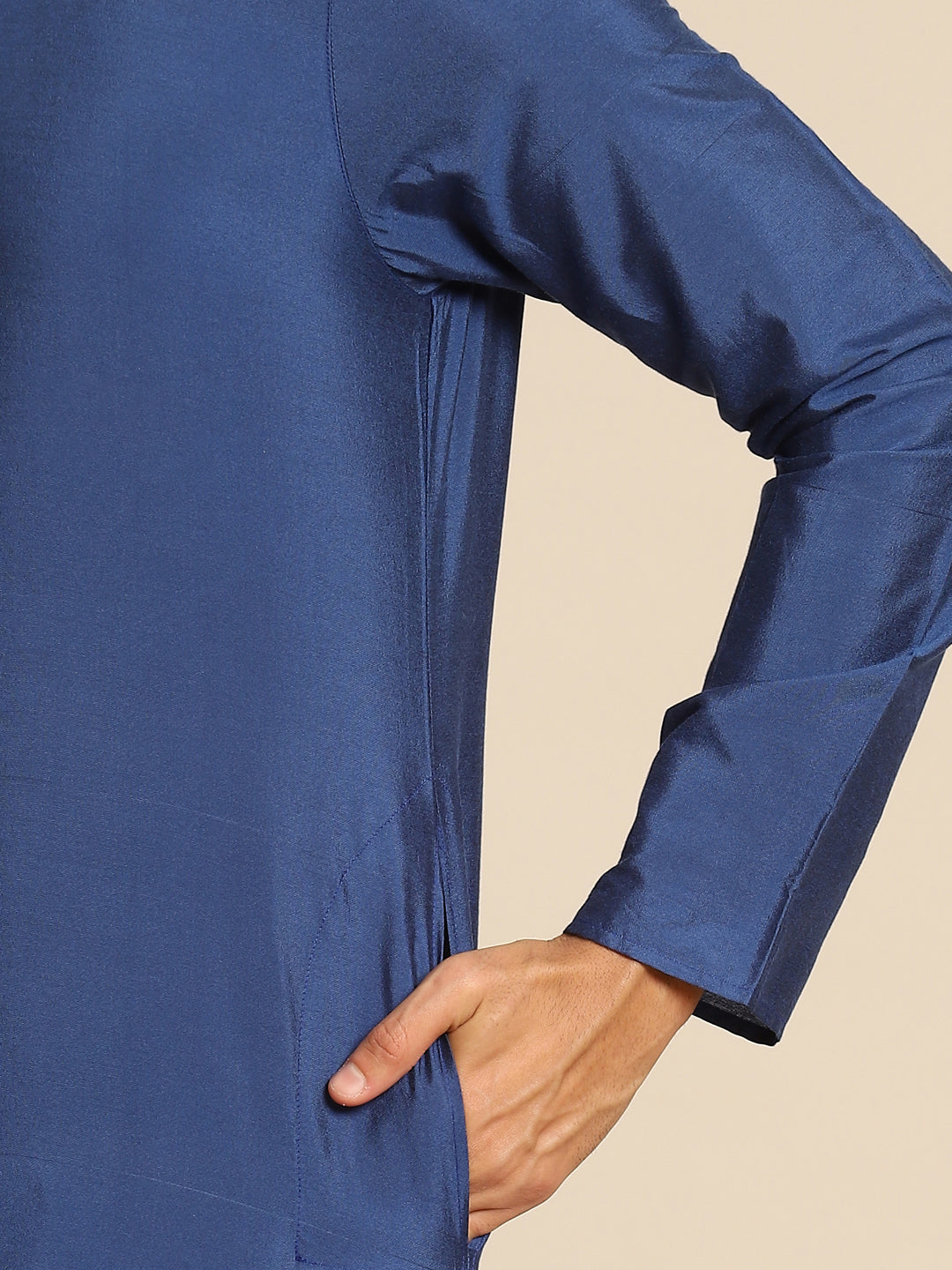 Navy Blue Silk Blend Solid Long Kurta