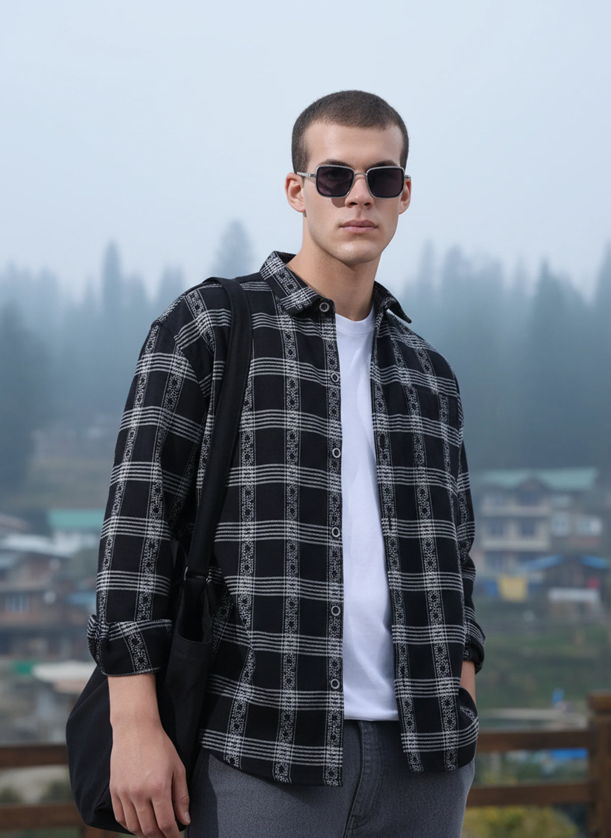 Men's Black Relaxed Fit Checkered Casual Shirt