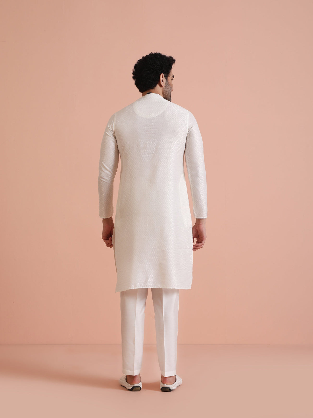 Men White Woven Design Kurta