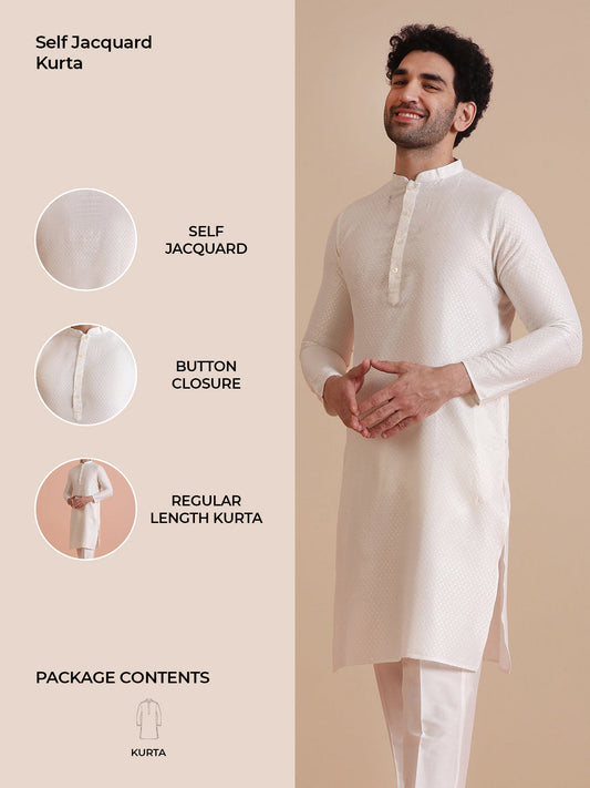 Men White Woven Design Kurta
