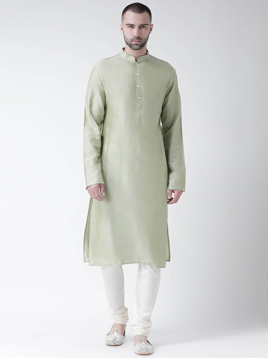 Light Green Silk Blend Solid Long Kurta