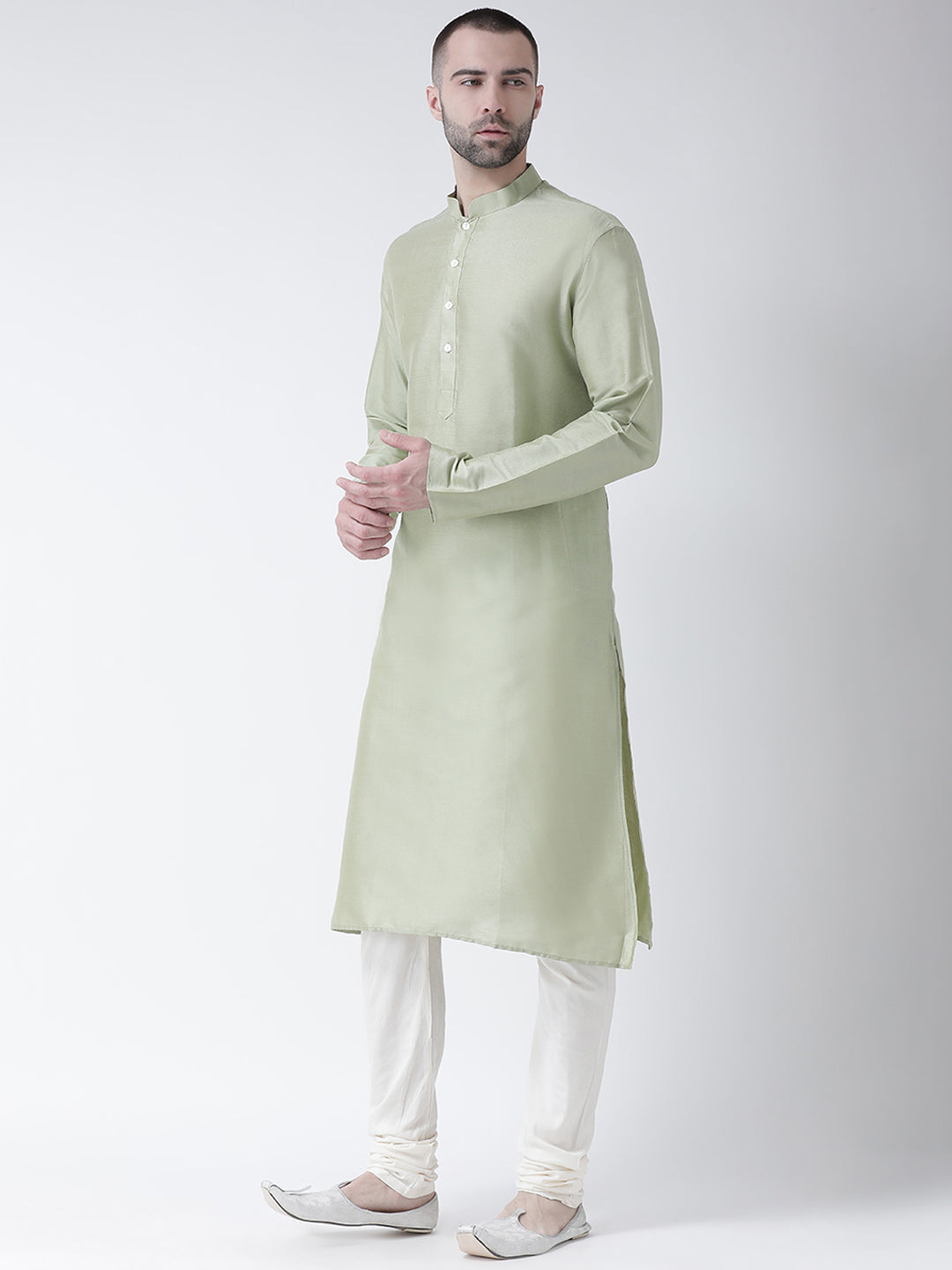 Light Green Silk Blend Solid Long Kurta