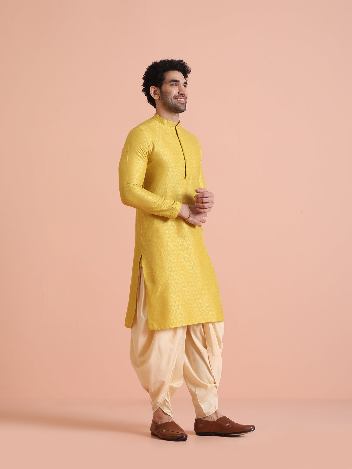 Yellow Silk Blend Jacquard Long Kurta