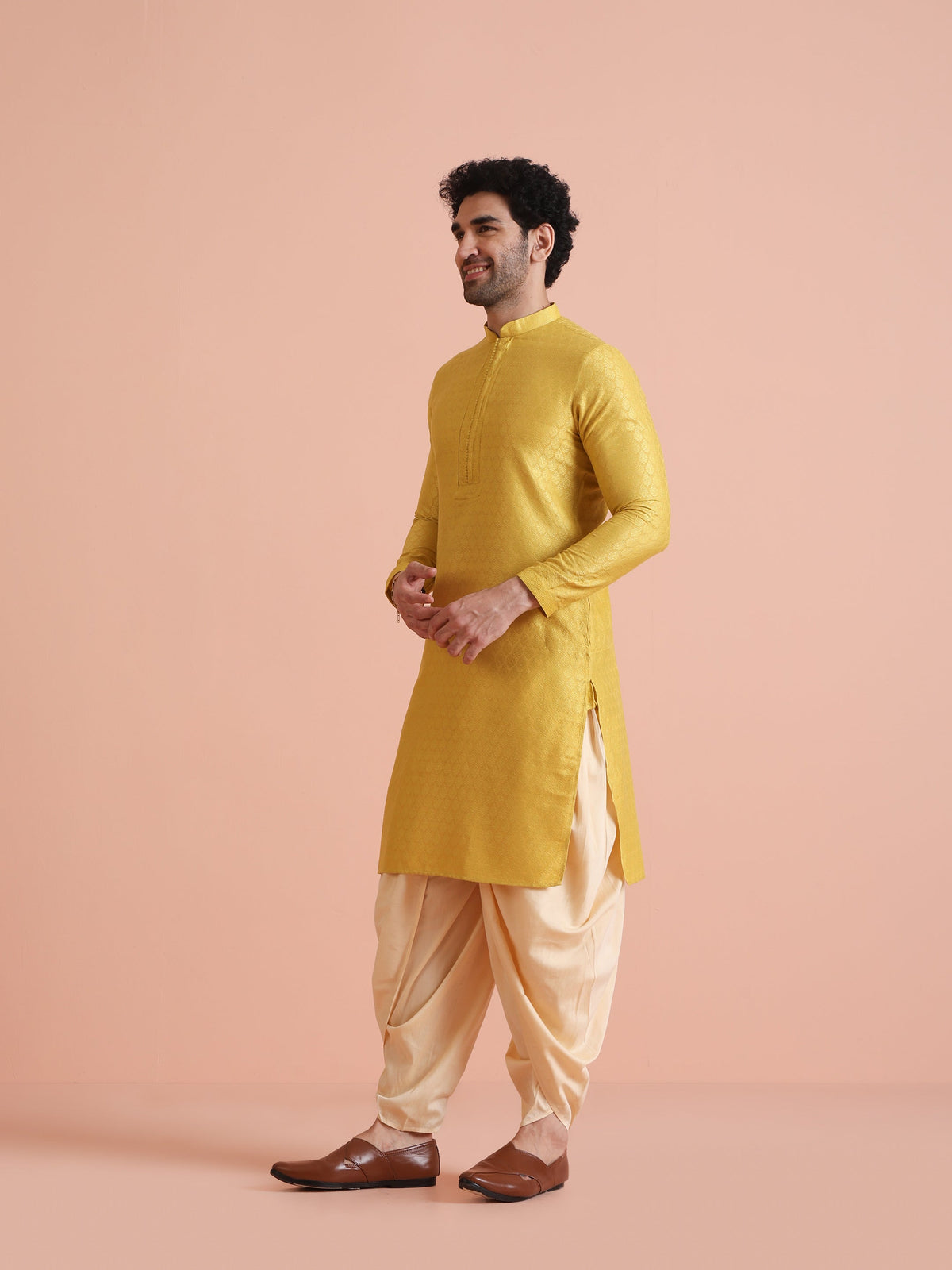 Yellow Silk Blend Jacquard Long Kurta
