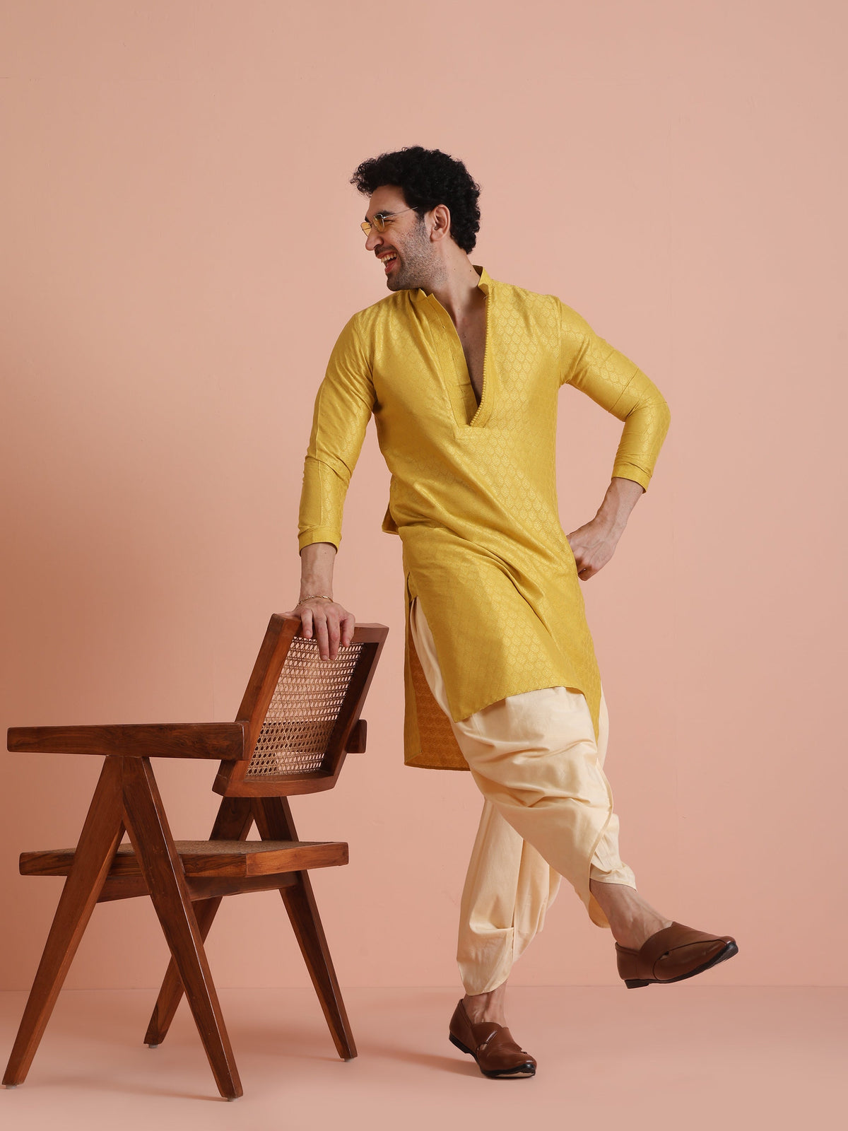 Yellow Silk Blend Jacquard Long Kurta