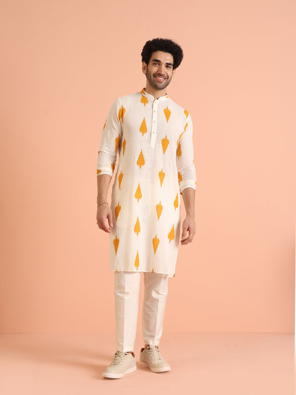 White Cotton Kurta with Mustard Ikat Prints