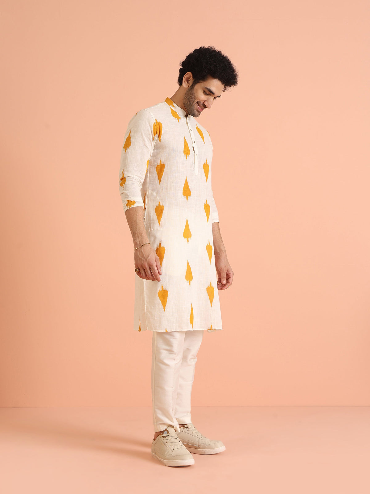 White Cotton Kurta with Mustard Ikat Prints