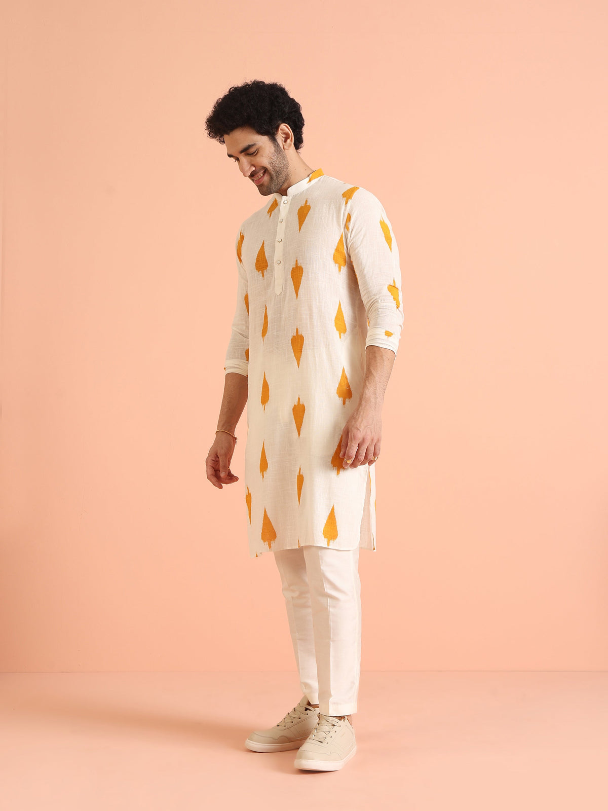 White Cotton Kurta with Mustard Ikat Prints