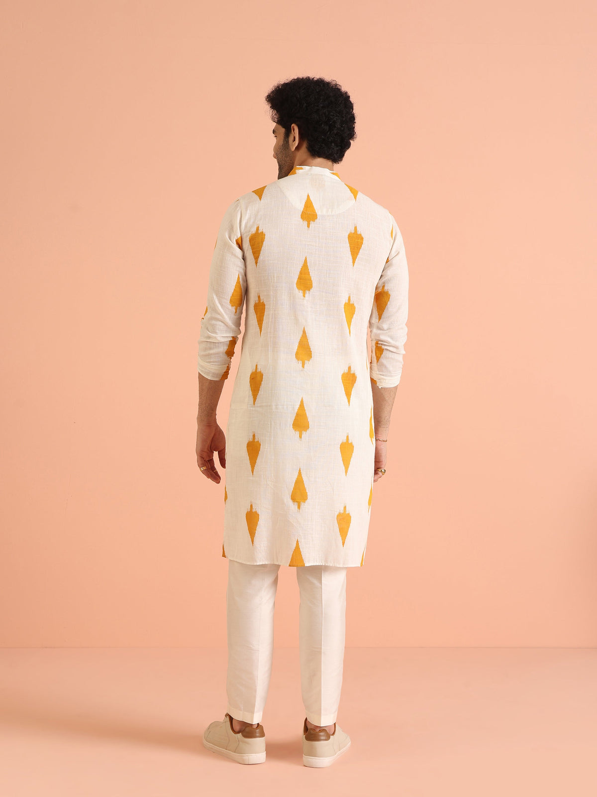 White Cotton Kurta with Mustard Ikat Prints