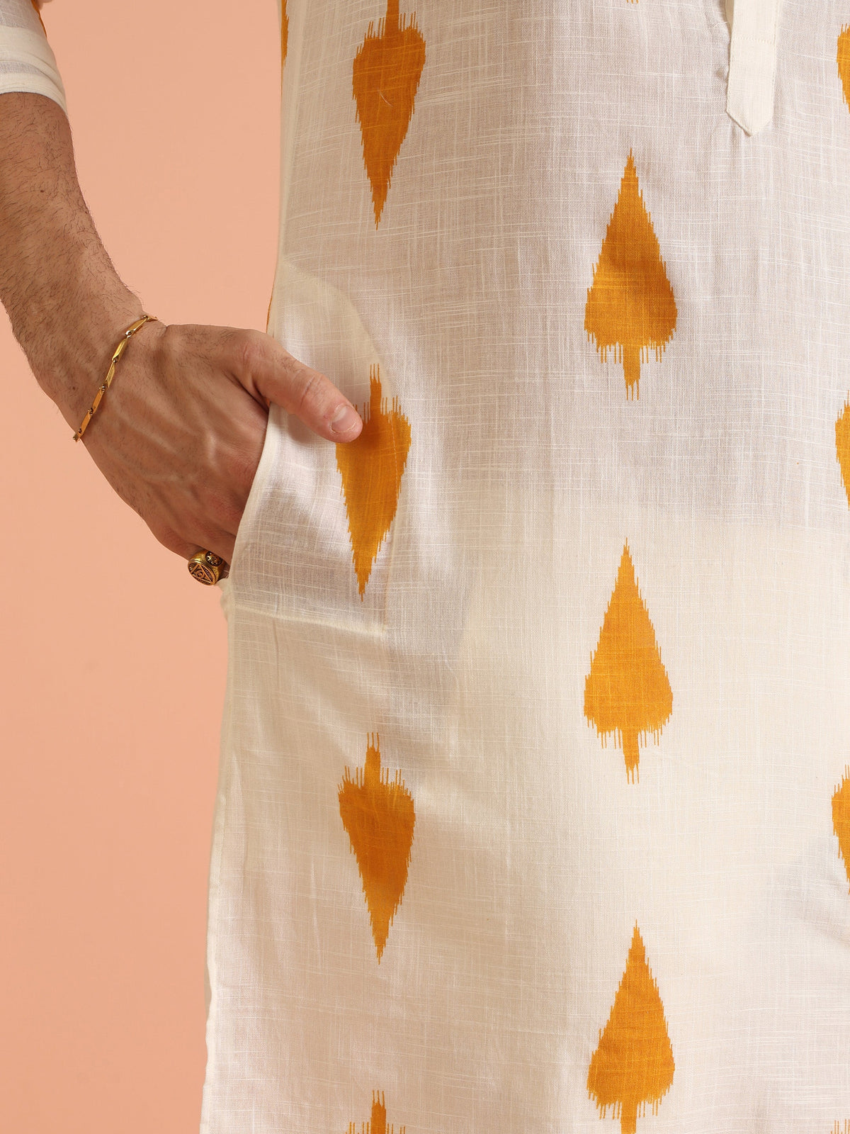 White Cotton Kurta with Mustard Ikat Prints