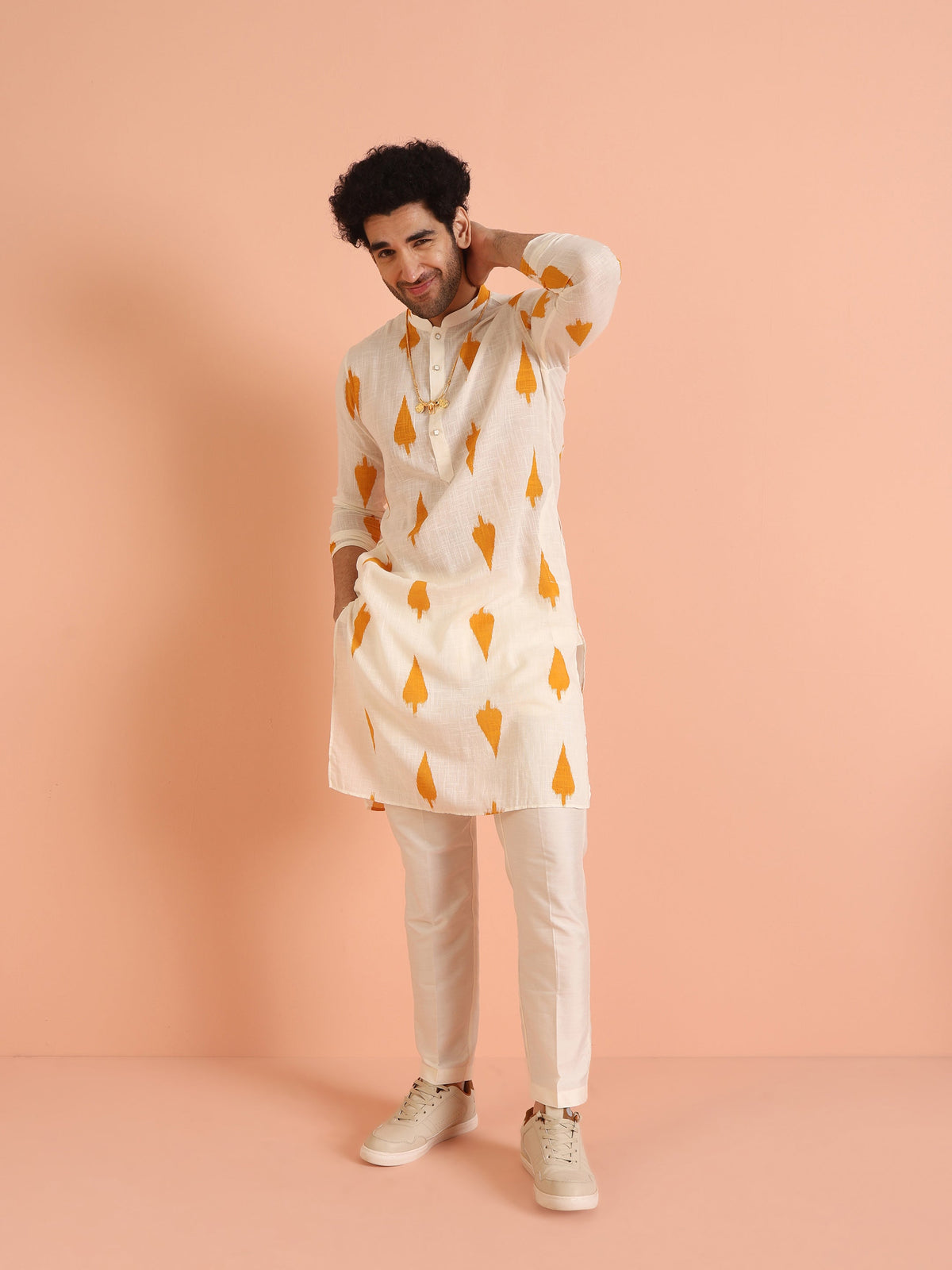 White Cotton Kurta with Mustard Ikat Prints