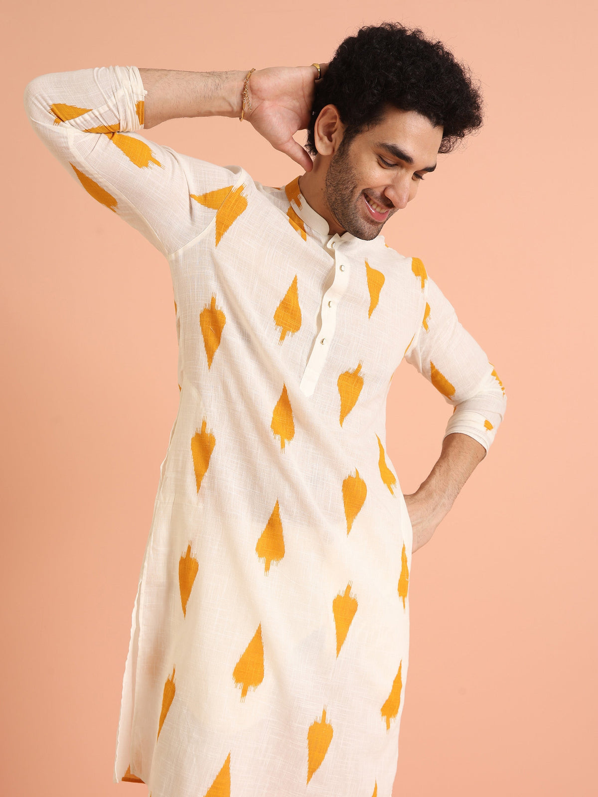 White Cotton Kurta with Mustard Ikat Prints