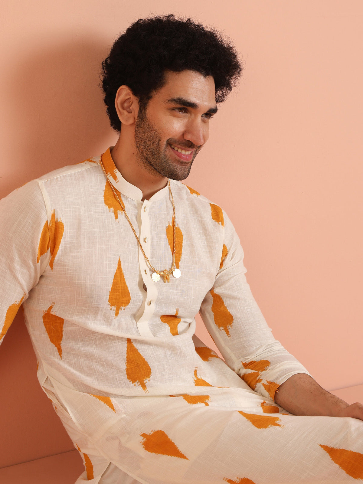 White Cotton Kurta with Mustard Ikat Prints