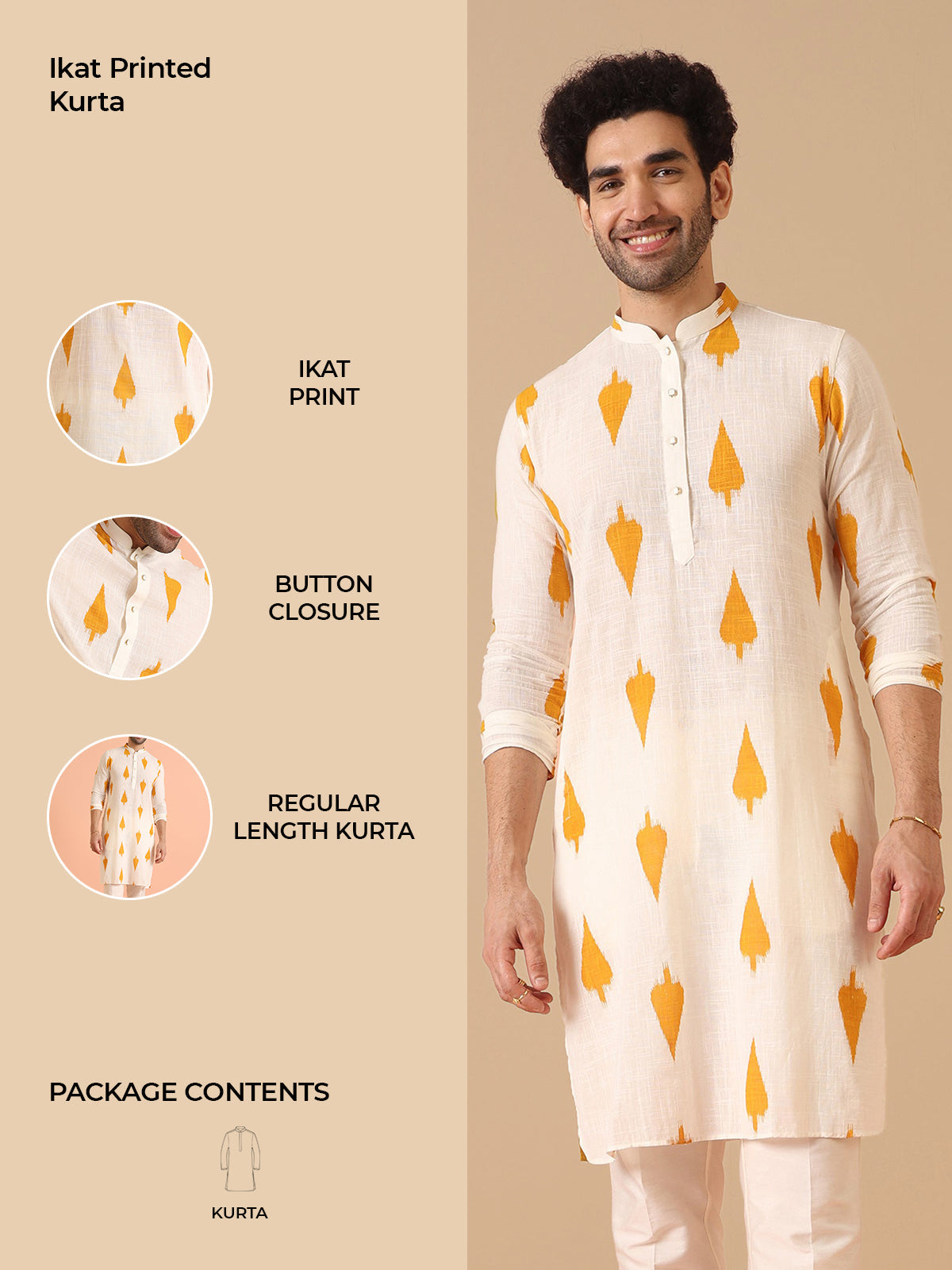 White Cotton Kurta with Mustard Ikat Prints