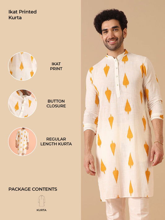 White Cotton Kurta with Mustard Ikat Prints